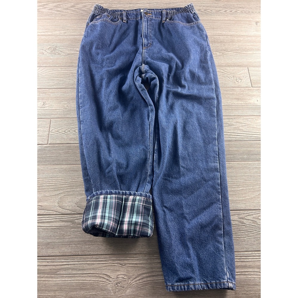 LL Bean Flannel Lined Jeans Womens 18 Reg Relaxed Fit Blue Plaid Denim 273553
